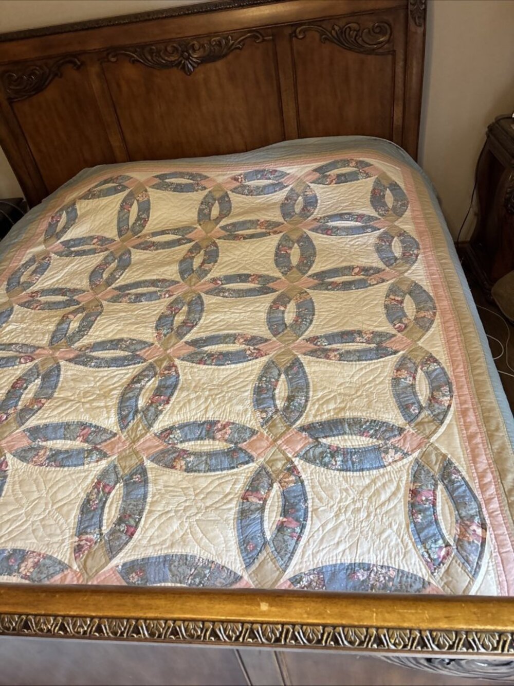 Double Wedding Ring Quilt Blue & Pink Size 97 X 87 Homemade